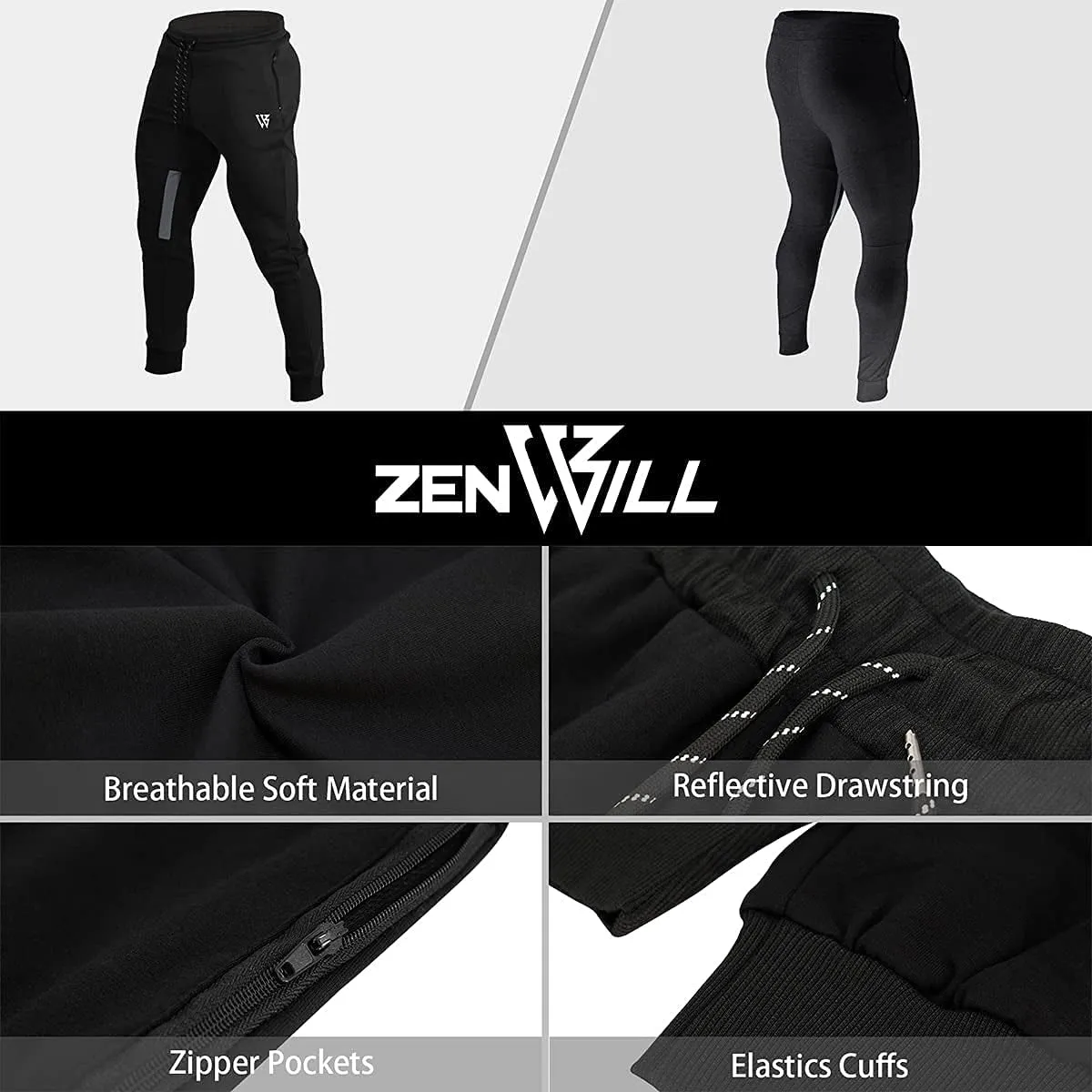 Mens Tapered Gym Joggers, Fitness Pants Casual Workout Track Pants with Zip Pockets