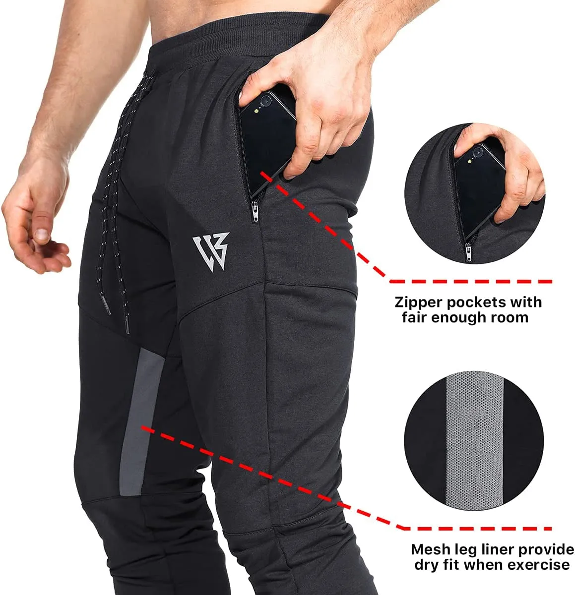 Mens Tapered Gym Joggers, Fitness Pants Casual Workout Track Pants with Zip Pockets