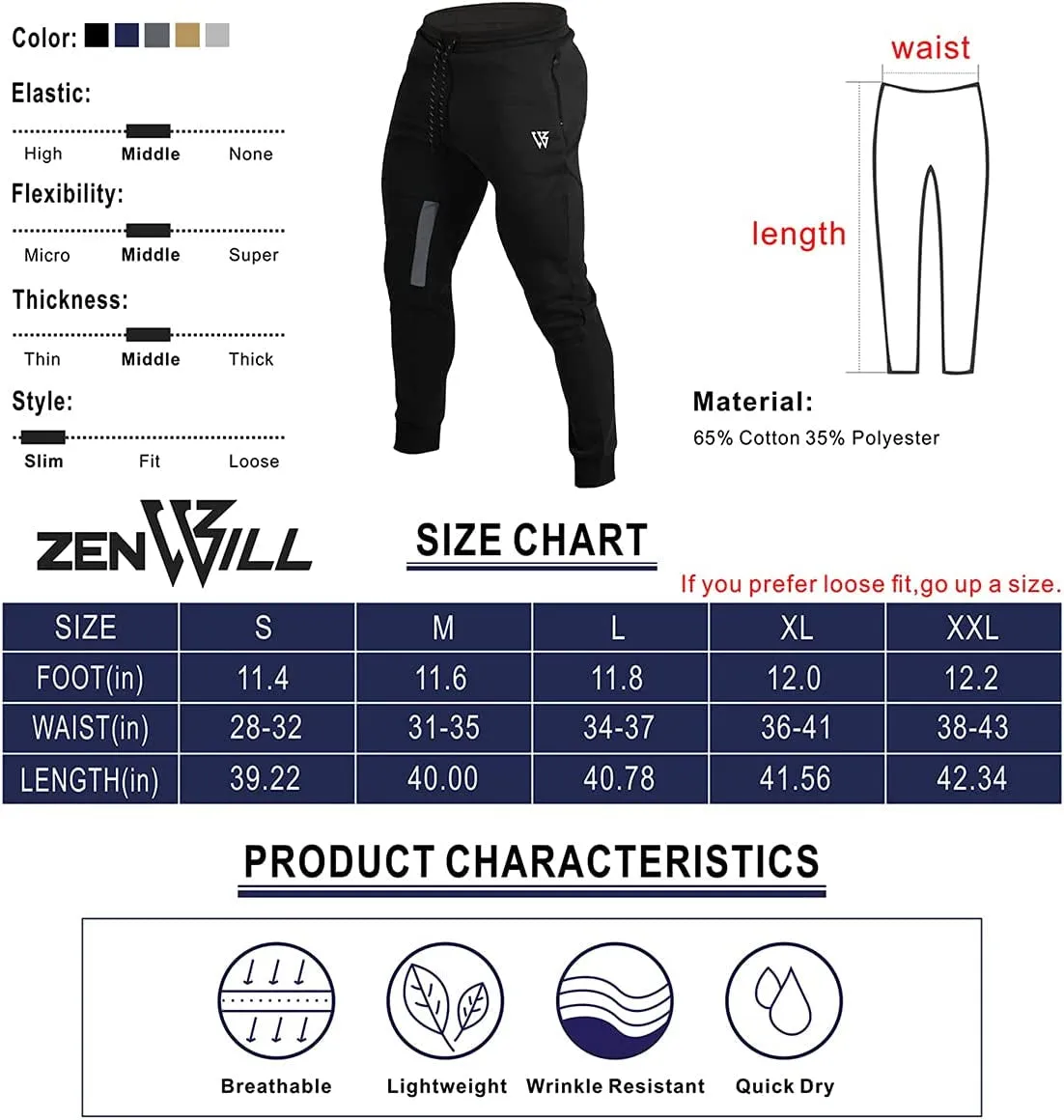 Mens Tapered Gym Joggers, Fitness Pants Casual Workout Track Pants with Zip Pockets